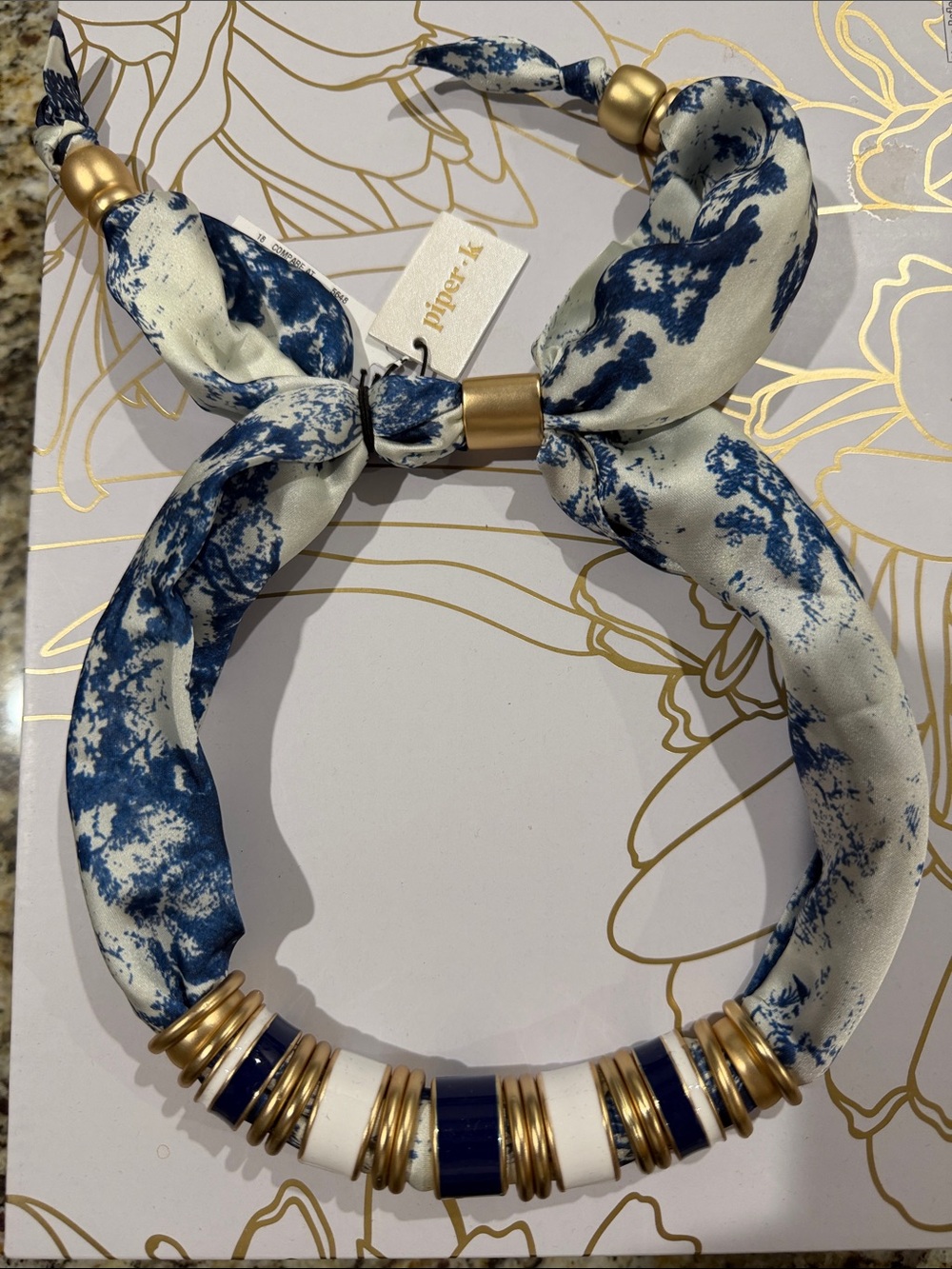 💙 Piper K 💙 VIRAL Indigo Blue White Gold Rings Adjudtable Satin Scarf Necklace